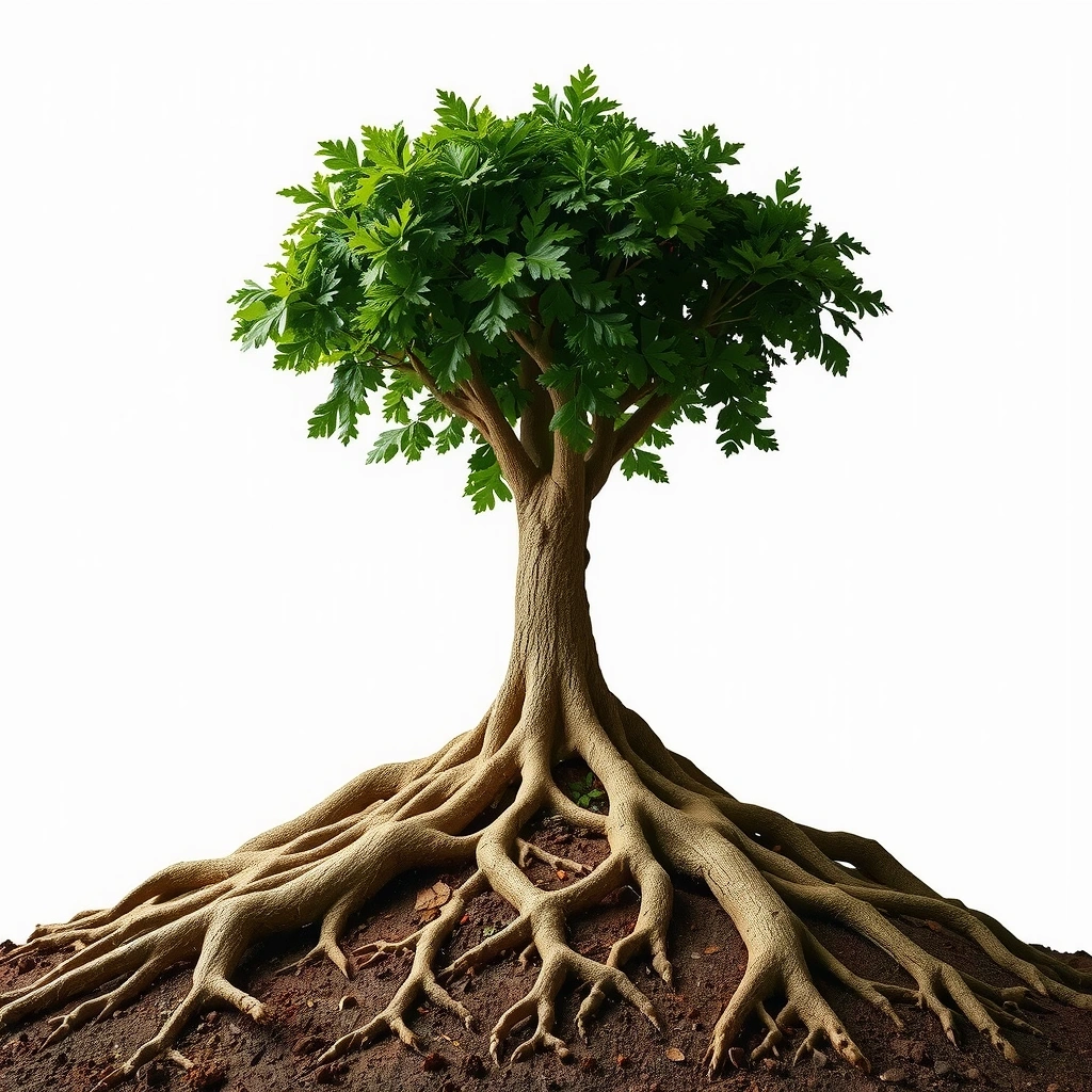 Baum mit tiefen Wurzeln, symbolisiert nachhaltige Ergebnisse.