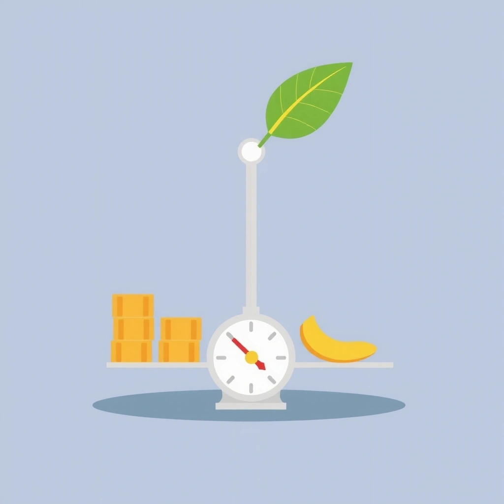 Illustration einer Waage mit Gewichten und einem grünen Blatt, symbolisiert Gewichtsmanagement.